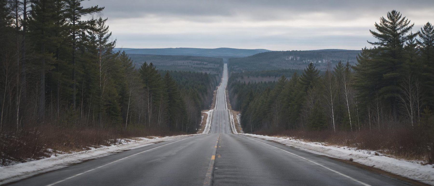 A two-lane highway receding through northern Michigan pine forest under flat overcast light